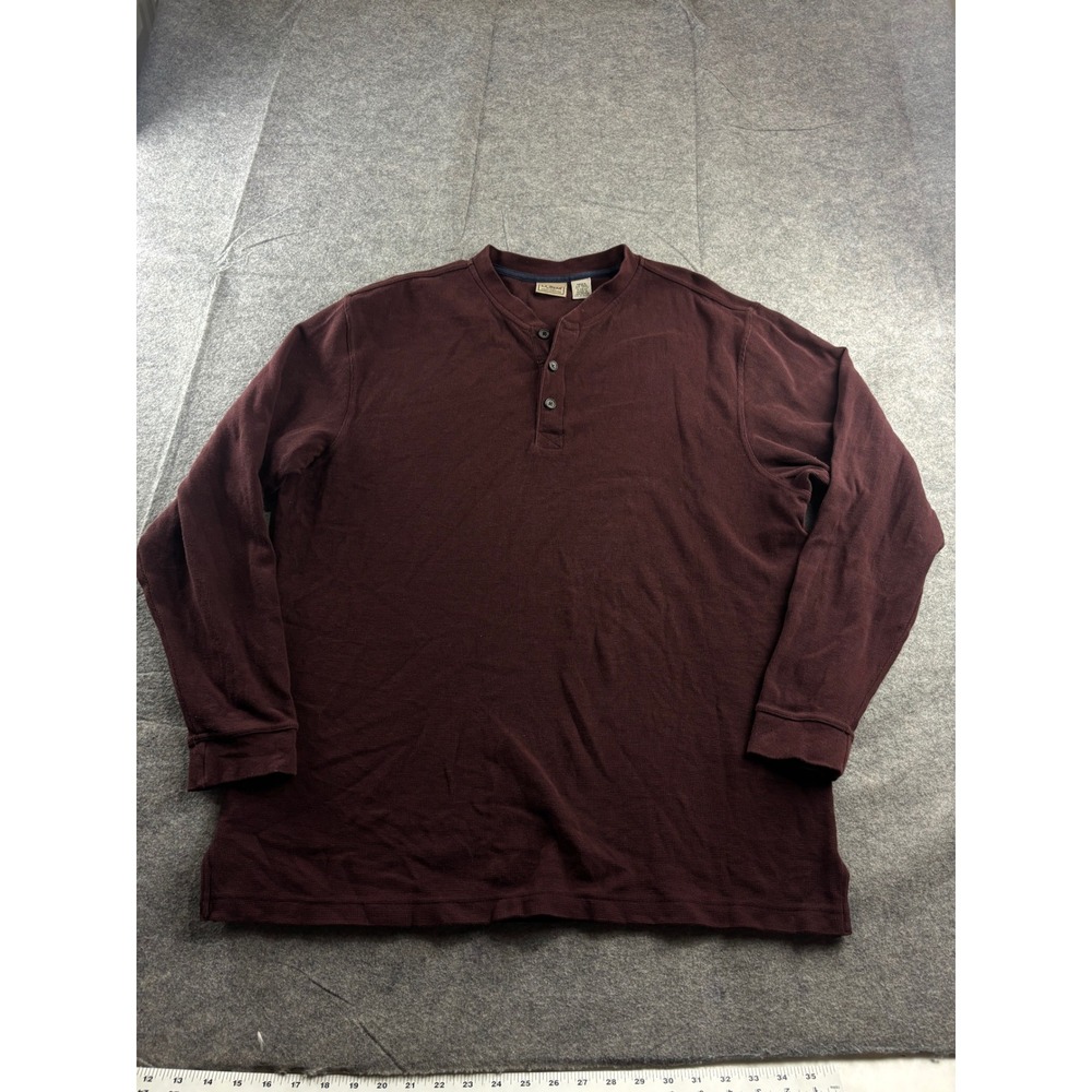 LL Bean Mens L Henley Shirt Red Waffle Knit Long Sleeve Cotton Granola Gorp